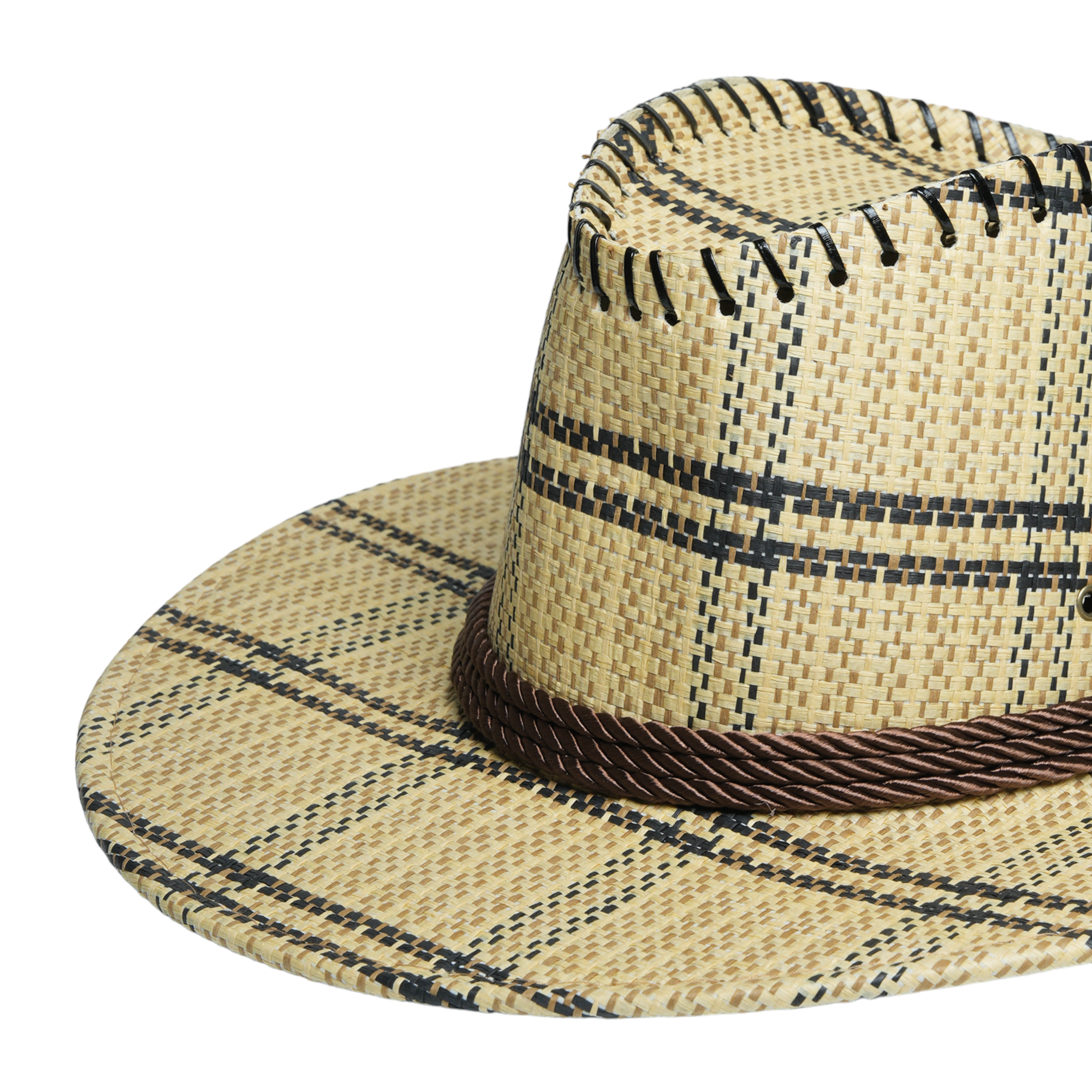 Chokore Vintage Wide-Brim Plaid Straw Cowboy Hat (Beige)