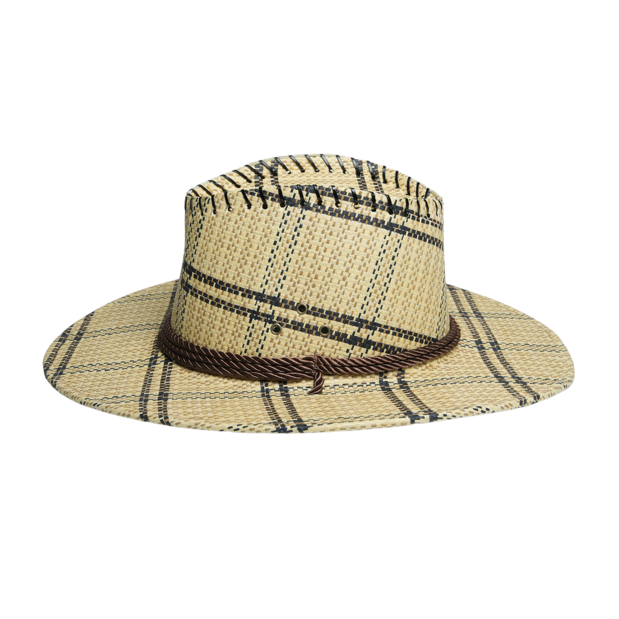 Chokore Vintage Wide-Brim Plaid Straw Cowboy Hat (Beige)