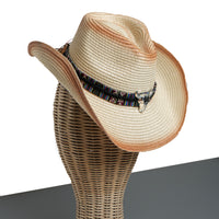 Chokore Chokore Ombre Straw Cowboy Hat with Bull Head Belt (Light Brown)