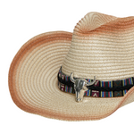 Chokore Chokore Ombre Straw Cowboy Hat with Bull Head Belt (Light Brown) 