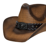 Chokore Chokore Handcrafted Straw Cowboy Hat with Bull Head Belt (Brown) 