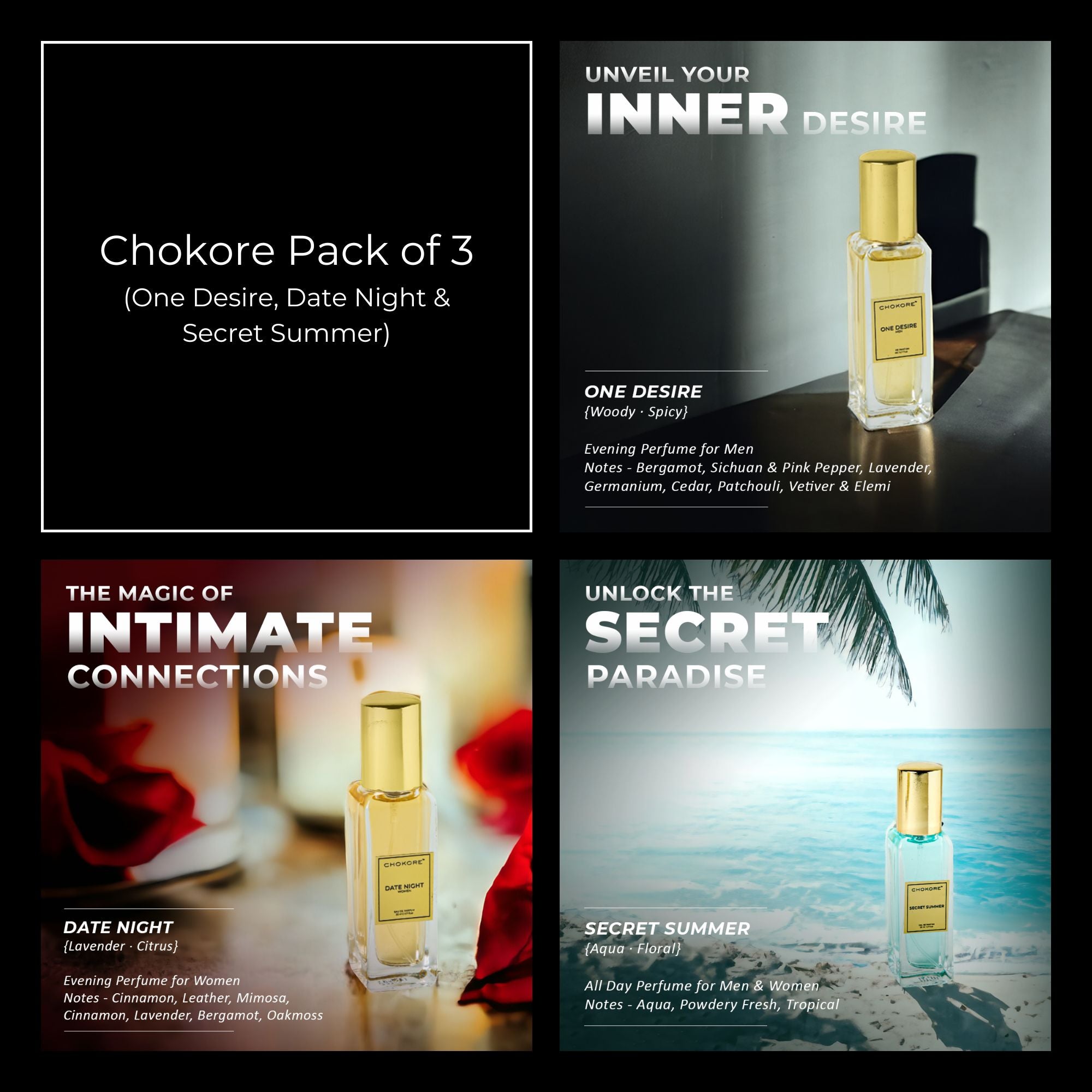 Chokore Perfume Combo Pack of 3 For Men & Women (One Desire, Date Night, & Secret Summer) | 3 x 20 ml